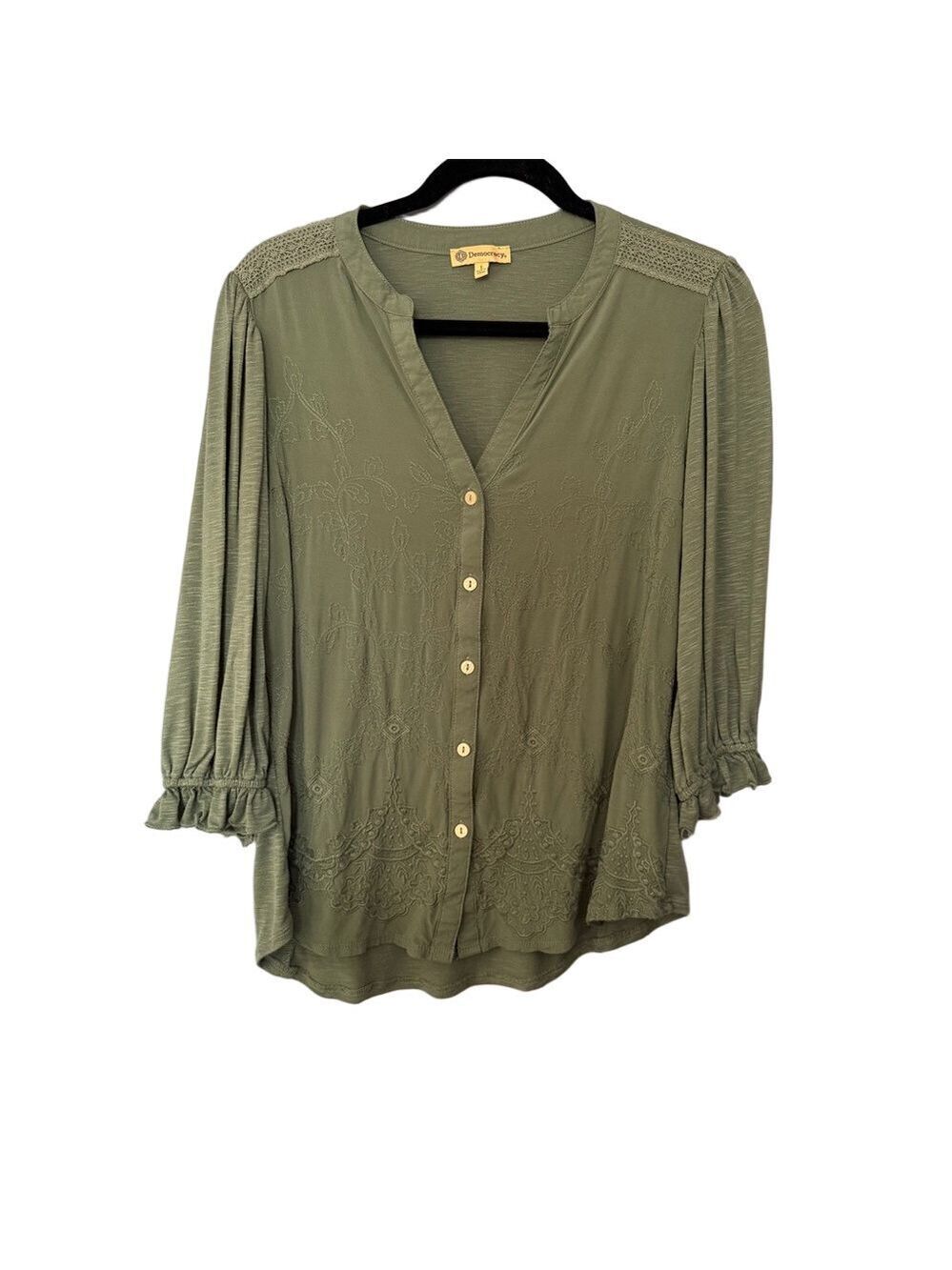 Democracy Green 3/4 Sleeve Button-Front Blouse Size Large